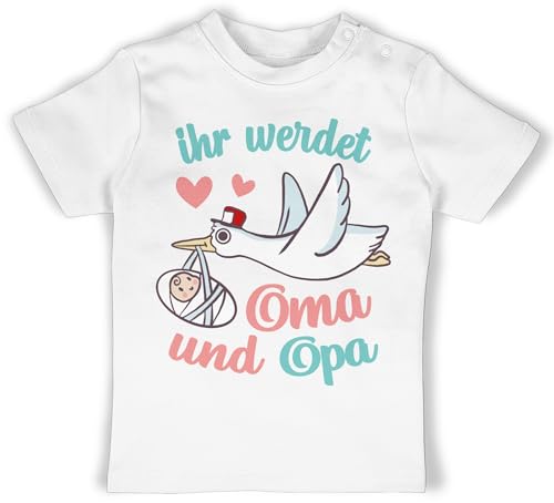 Baby T-Shirt Mädchen Jungen - Zur Geburt - Ihr werdet Oma und Opa - Storch - 3/6 Monate - Weiß - für grosseltern t Shirt Born 2023 for Grandparents t-Shirts Geschenke Fuer babyparty von Shirtracer