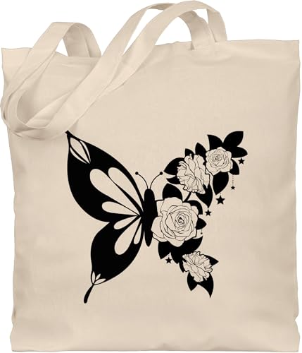 Baumwolltasche - Tiere Meerschweinchen Hase & Co. - Schmetterling mit Blumen - schwarz - Unisize - Naturweiß - tier blume einkaufstasche tieren jutebeutel tiermotive stofftasche baumwolle giraffe von Shirtracer