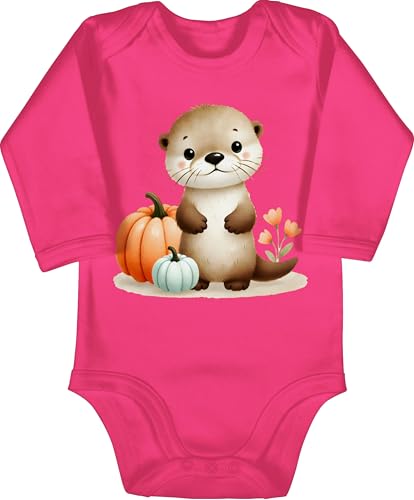 Body langarm Mädchen Junge - Babys - Süßer Otter mit Kürbis | Herbstliches Baby und Kinder Motiv | Niedliches Design für Halloween und Herbst | Halloween Geschenk - 12/18 Monate - Fuchsia von Shirtracer