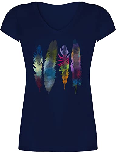 Kunst Outfit Anker, Blumen & Co. - Federn Wasserfarbe Watercolor Feathers - L - Dunkelblau - Baumwolle Tshirt Damen - XO1525 - Damen T-Shirt mit V-Ausschnitt von Shirtracer