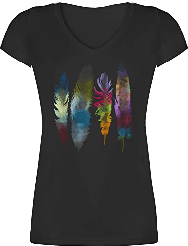 T-Shirt Damen V Ausschnitt - Kunst - Federn Wasserfarbe Watercolor Feathers - L - Schwarz - Frauen Tshirt t Shirt Baumwolle mit Shirts Baumwoll Tshirts Oberteil t-Shirts Frau Feder-Print-Shirt Art von Shirtracer