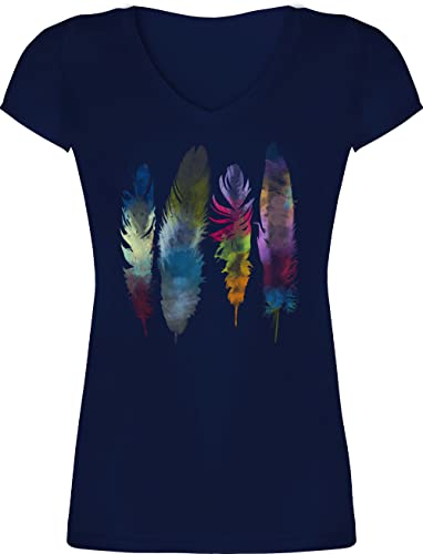 T-Shirt Damen V Ausschnitt - Kunst - Federn Wasserfarbe Watercolor Feathers - M - Dunkelblau - Tshirt tailliert Feder Shirt Baumwolle Tshirts Shirts Oberteil Frauen t mit Frau t-Shirts Baumwoll von Shirtracer