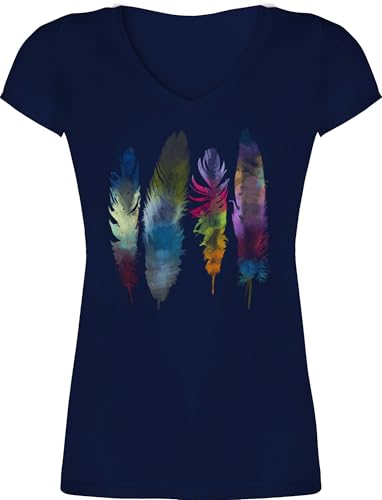 T-Shirt Damen V Ausschnitt - Kunst - Federn Wasserfarbe Watercolor Feathers - S - Dunkelblau - Feder-Print-Shirt Art Feder Tshirt Hippie Shirt Feather Oberteil Motiven Shirts Wasserfarben Tshirts von Shirtracer