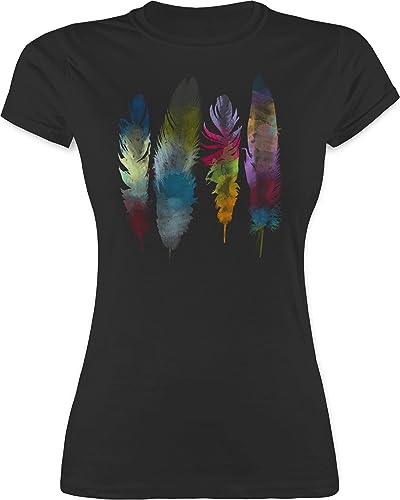 Shirt Damen - Kunst - Federn Wasserfarbe Watercolor Feathers - XL - Schwarz - Hippie Outfit Feder MADL Tshirt mit Feather t-Shirt Wasserfarben Tshirts t-Shirts Shirts Funshirts für Frauen tailliert von Shirtracer