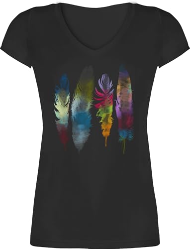 T-Shirt Damen V Ausschnitt - Kunst - Federn Wasserfarbe Watercolor Feathers - XL - Schwarz - Feder-Print-Shirt Art Feder Tshirt Hippie Shirt Feather Oberteil Motiven Shirts Wasserfarben Tshirts von Shirtracer