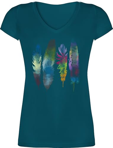 T-Shirt Damen V Ausschnitt - Kunst - Federn Wasserfarbe Watercolor Feathers - XXL - Türkis - Feder-Print-Shirt Art Feder Tshirt Hippie Shirt Feather Oberteil Motiven Shirts Wasserfarben Tshirts von Shirtracer