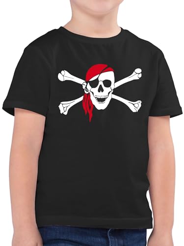 Kinder T-Shirt Jungen - Bunt gemischt - Totenkopf Pirat Kopftuch - 128 (7/8 Jahre) - Schwarz - piratenshirt piratenkopftuch Tshirt Junge piratenshirt-Kinder Piraten Shirts Kind Skelett tischert von Shirtracer