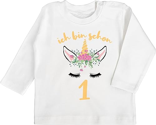 Baby Langarmshirt - 1. Geburtstag - Einhorn - Ich Bin Schon eins - 12/18 Monate - Weiß - 1 Jahr Langarmshirts für Baby-mädchen Langarm 1st t- Shirt one Year Birthday Shirts 1ster babyshirt von Shirtracer