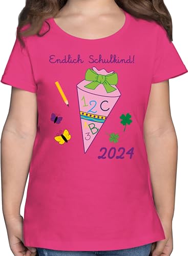 T-Shirt - Einschulung - Endlich Schulkind 2024 Mädchen - 128 (7/8 Jahre) - Fuchsia - kommt in Schule t Shirt 1.klasse Tshirt einschulungsoutfit schul Bin ich Shirts Schulstart Geschenk von Shirtracer