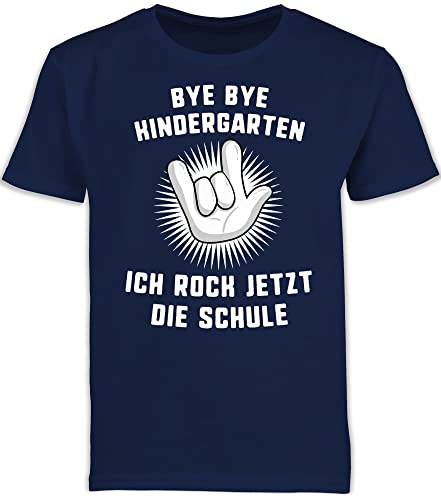 Kinder T-Shirt Jungen Schulanfang - Einschulung Junge - Bye Bye Kindergarten Ich Rock jetzt die Schule Hand - 128 (7/8 Jahre) - Navy Blau - Schulkind Kita Abschied Tshirt Schulkind+t-Shirt von Shirtracer