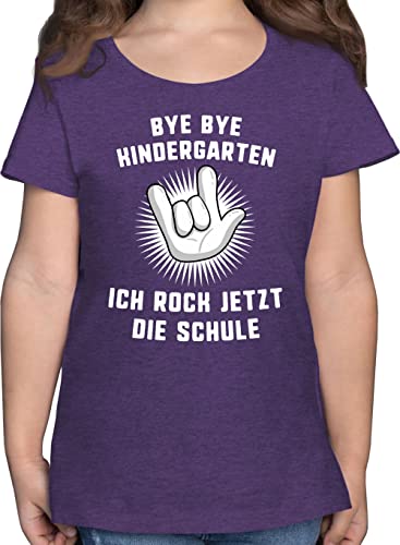 T-Shirt Mädchen - Einschulung - Bye Bye Kindergarten Ich Rock jetzt die Schule Hand - 140 (9/11 Jahre) - Lila Meliert - lustige sprüche für t-Shirts Schulanfang Kita Tshirt Abschied schul von Shirtracer