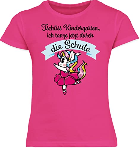 T-Shirt Mädchen Schulanfang Schulkind - Einschulung - Bye Bye Kindergarten ich Glitzer jetzt in der Schule Einhorn - 140 (9/11 Jahre) - Fuchsia - Abschied Kita t Shirt Kinder einschulungsshirts von Shirtracer