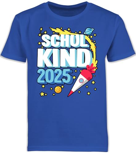 Kinder T-Shirt Jungen Schulanfang - Einschulung Junge - Endlich Schulkind 2025 mit Rakete und Sternen - schwarz - 128 (7/8 Jahre) - Royalblau - 2022 Outfit 1.Schultag schulanfänger 2024 von Shirtracer