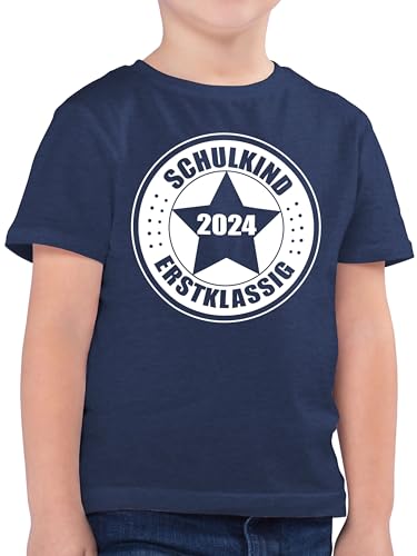 Kinder T-Shirt Jungen - Einschulung Junge - Schulkind 2024 - Erstklassig - 128 (7/8 Jahre) - Dunkelblau Meliert - Shirt Geschenke Schulanfang Outfit 1st klasse Geschenk Start Schule schuleintritt von Shirtracer