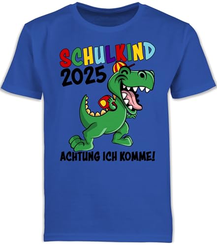 Kinder T-Shirt Jungen Schulanfang - Einschulung Junge - Schulkind 2025 Achtung ich komme! - schwarz - 128 (7/8 Jahre) - Royalblau - Shirt Dinosaurier erste klasse Outfit 1.Schultag schulanfänger von Shirtracer