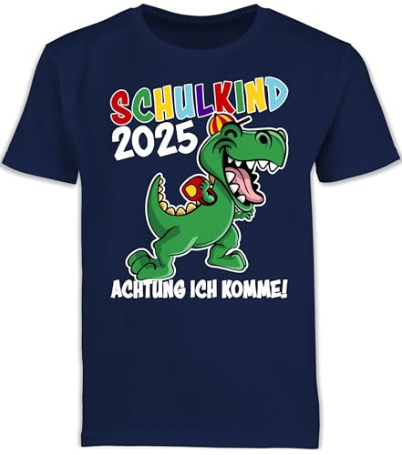 Kinder T-Shirt Jungen Schulanfang - Einschulung Junge - Schulkind 2025 Dino Dinosaurier - 128 (7/8 Jahre) - Navy Blau - Geschenk zum Schulstart Outfit 1.Schultag schulanfänger Schule ich komme von Shirtracer