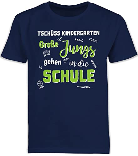 Kinder T-Shirt Jungen Schulanfang - Einschulung Junge - Tschüss Kindergarten Große Jungs gehen in die Schule - 128 (7/8 Jahre) - Navy Blau - Schulkind Kita aus Shirt Schulstart Tshirt von Shirtracer