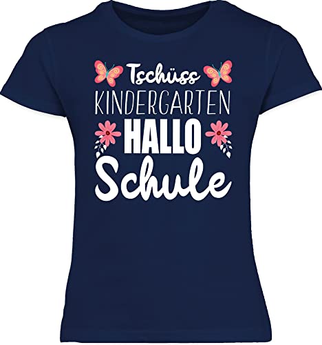 T-Shirt Mädchen Schulanfang Schulkind - Einschulung - Tschüss Kindergarten Hallo Schule - 128 (7/8 Jahre) - Navy Blau - t Shirt einschulungst-Shirt einschulungsshirt schul Ende Kita Tshirt von Shirtracer