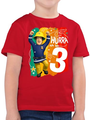 Kinder T-Shirt Jungen - Feuerwehrmann - Hurra ich Bin DREI - Sam - 104 (3/4 Jahre) - Rot - feueewehrmann Geburtstag 3 Jahre Junge Shirt feuereehrmann Feuerwehr Kind Tshirt feuerwehmann von Shirtracer