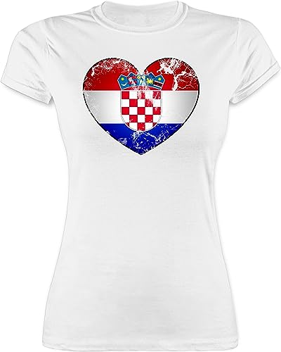 Shirt Damen - Fussball EM 2024 Fanartikel - Kroatien Vintage Herz - S - Weiß - Kroatien-Trikot fußball Croatia Tshirt Kroatien+Tshirt Europameisterschaft hrvatski t-Shirt wm Croatian Tshirts em- von Shirtracer