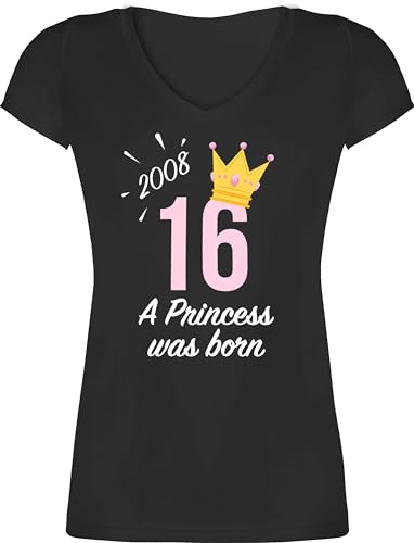 T-Shirt Damen V Ausschnitt - 16. Geburtstag - Sechzehnter Mädchen Princess 2008 - M - Schwarz - Sweet Sixteen t Shirt 16 zum Tshirt Jahre Happy Birthday sechzehn Geschenke Frauen von Shirtracer