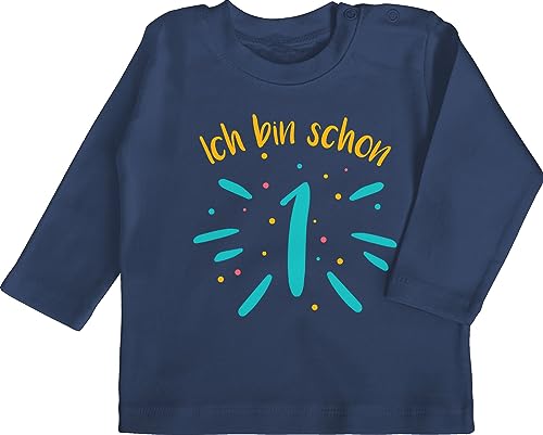 Baby Langarmshirt - 1. Geburtstag - Ich Bin Schon eins Konfetti bunt - 12/18 Monate - Navy Blau - Longsleeve 1 Outfit First Birthday Babybekleidung Junge one babyshirt Jahr einjähriges anziehsachen von Shirtracer