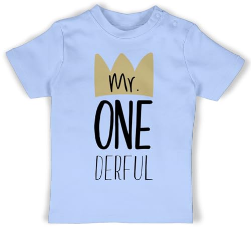 Baby T-Shirt Mädchen Jungen - 1. Geburtstag - Mr One Derful - 6/12 Monate - Babyblau - geburtstagsoutfit Junge 1 Jahr 1st Birthday Boy Outfit einjährige 1ter Tshirt t Shirt mr. onderful von Shirtracer
