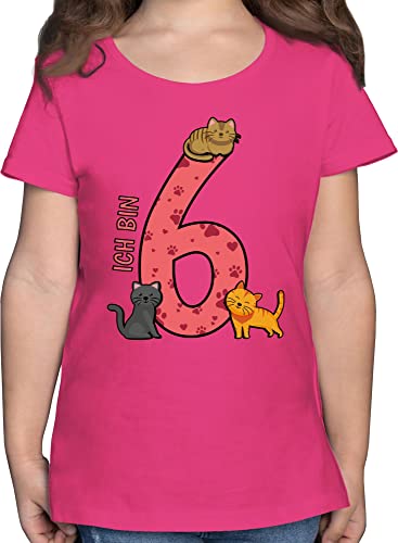 T-Shirt Mädchen - 6. Geburtstag - Katzen Sechster - 128 (7/8 Jahre) - Fuchsia - Tshirt 6 Jahre Shirt t Kinder geburtstagskleidung geburtstagst geburtstagsshirt Geschenk Birthday 6.Geburstag Katze von Shirtracer