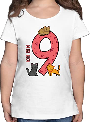 T-Shirt Mädchen - 9. Geburtstag - Katzen Neunter - 140 (9/11 Jahre) - Weiß - t Shirt 9 Jahre Geb Tshirt Kinder Geburtstags neun t_Shirt geburtstagsshirt neunte Kind zum 9.Geburtstag Maedchen von Shirtracer