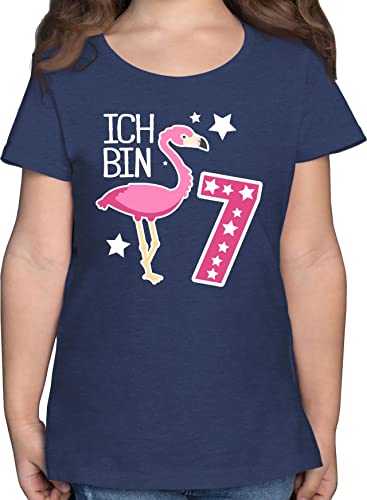 T-Shirt Mädchen - 7. Geburtstag - Ich Bin Sieben Flamingo - 128 (7/8 Jahre) - Dunkelblau Meliert - Geburtstags Tshirt 7 Jahre Shirt, Shirt Kind Kinder Kindergeburtstag Geschenk ab für t Nummer von Shirtracer