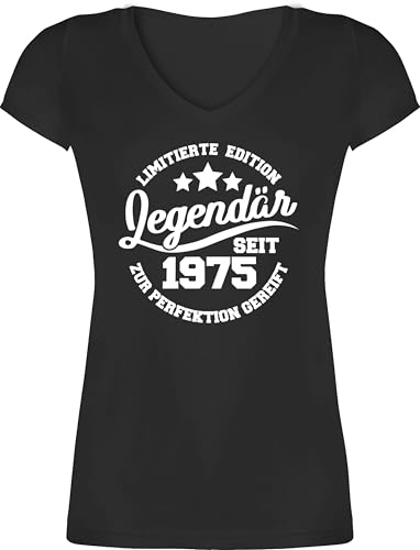 T-Shirt Damen V Ausschnitt - 50. Geburtstag - Legendär seit 1975 - S - Schwarz - geburtstagsshirt Frauen 50 Geschenk zum 50.Geburtstag 1974 Shirts Geburtstag, Tshirt 50er (50) 1973 Shirt Perfektion von Shirtracer
