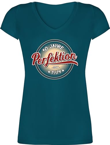 T-Shirt Damen V Ausschnitt - 50. Geburtstag - Fünfzig Jahre Perfektion seit 1974 weiß - L - Türkis - 50 er Tshirt Frauen zum 50sten Frau für Shirt jähriger t-Shirts 50ter 50ster Geburtstag, von Shirtracer