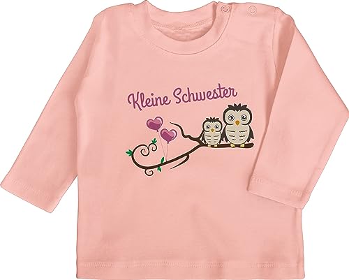 Baby Langarmshirt - Geschwister Bruder und - Kleine Schwester süße Eulen - 6/12 Monate - Babyrosa - geschwisteroutfitset little sister t shirt langarm geschwisteroutfit schwesterherz shirts von Shirtracer