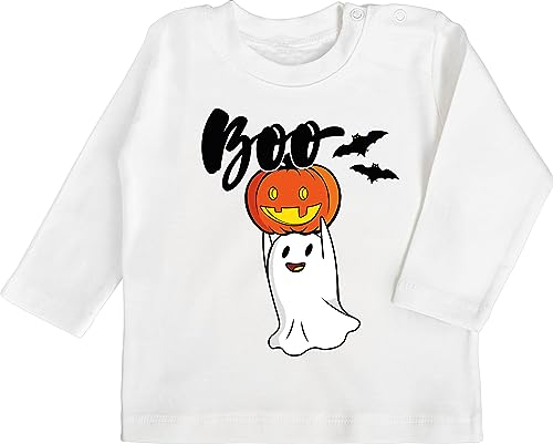 Baby Langarmshirt - Halloween - Babys - Boo Geist Kürbis Gespenst Gespenster Geister - 12/18 Monate - Weiß - Helloween Party Shirts für Baby-Jungen haöloween Shirt halooween Costum t von Shirtracer