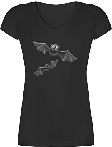 T-Shirt Damen V Ausschnitt - Halloween - Fledermäuse Feldermaus Flattermaus - L - Schwarz - Helloween Shirt grusel Tshirt Haloween Outfits Tier t-Shirts Fledermaus halowen Tiere Shirts t hellowee von Shirtracer