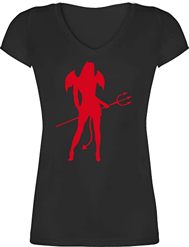 T-Shirt Damen V Ausschnitt - Halloween Kostüm Outfit - Sexy Teuflin - L - Schwarz - halowen Shirt typisch Frau t Halloween. Oberteile mit hlloween t-Shirts Party Shirts kost m Tshirt Happy Kurzarm von Shirtracer