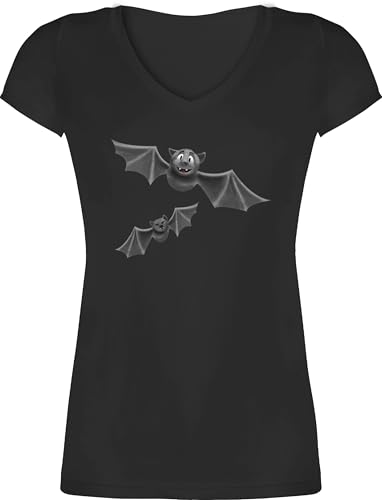 T-Shirt Damen V Ausschnitt - Halloween - Fledermäuse I Fledermaus I Flattermaus - XL - Schwarz - Helloween Shirt grusel Tshirt Haloween Outfits Tier t-Shirts t Shirts Tiere halowen Animal Oberteil von Shirtracer