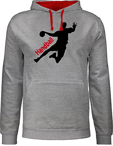 Pullover Herren Frauen Hoodie Kontrast zweifarbig - Handball WM 2023 Trikot Ersatz - Handballer mit Schriftzug - XXL - Grau meliert/Rot - pulli handball. pullis beachhandball hoody halbball hoodies von Shirtracer