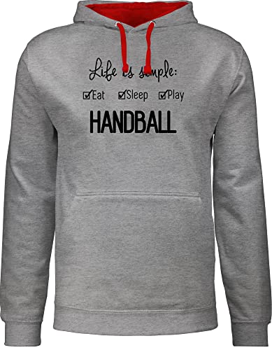 Pullover Herren Frauen Hoodie Kontrast zweifarbig - WM 2023 Trikot Ersatz - Life is simple Handball - L - Grau meliert/Rot - geschenk für handballer beachhandball hoddies klamotten handball. von Shirtracer