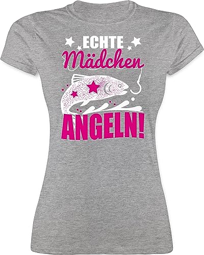 Shirt Damen - Hobby Outfit - Echte Mädchen Angeln Fisch - L - Grau meliert - Tshirt tailliert Angel Shirts sprüche Funshirts für Frauen t t-Shirt Frau angelshirts angelbekleidung fischen Funshirt von Shirtracer