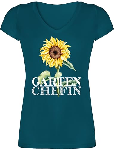 T-Shirt Damen V Ausschnitt - Hobby Outfit - Garten Chefin - weiß - L - Türkis - Pflanze Blumen Tshirt Pflanzen sprüche Shirt Plant Oberteil Plants t-Shirts Blume tailliert Flowers leiberl von Shirtracer