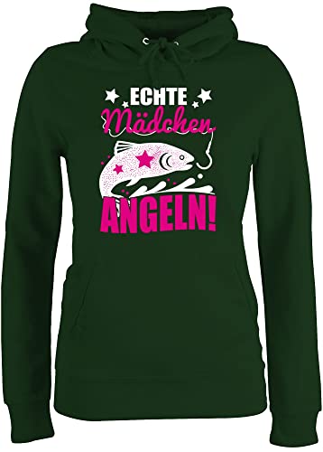 Pullover Damen Hoodie Frauen - Hobby Outfit - Echte Mädchen Angeln Fisch - M - Dunkelgrün - polover Motto Hoodys sprüche Hoodies kapuzepulli Kapuzenpulli Pulli hoddis fūr Kapuzen Hoody Fluffy von Shirtracer