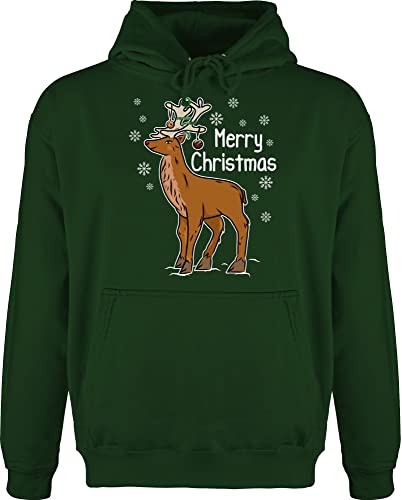 Hoodie Herren Pullover Männer - Weihnachten Geschenke Bekleidung - Merry Christmas Hirsch mit Schneeflocken - XXL - Dunkelgrün - Weihnachtspullover weihnachtsmotiv Pulli weihnachspullis weihnacht von Shirtracer