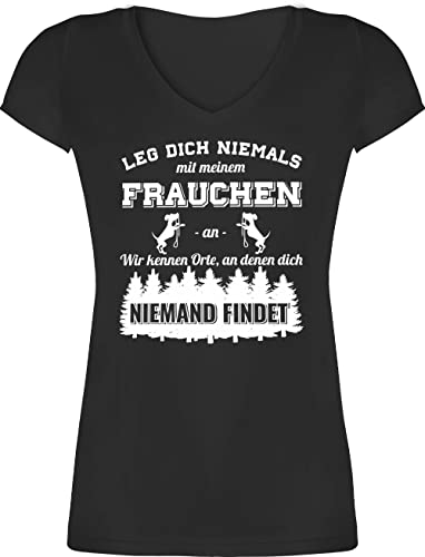 T-Shirt Damen V Ausschnitt - für - Leg Dich Niemals mit Meinem Frauchen an Hundebesizterin Hundebesitzer Geschenk Hundespruch Lustige Hunde - S - Schwarz - hundebesitzerin hundeshirts hundefan Mama von Shirtracer