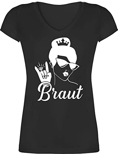 T-Shirt Damen V Ausschnitt - JGA Junggesellenabschied Frauen - Braut mit Ring weiß - 3XL - Schwarz - t Shirt Polterabend Hen Party tischort junggesellinnenabschied Tshirt jungesellenenabschied von Shirtracer