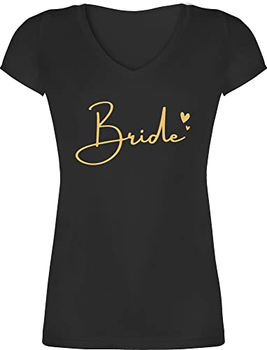 T-Shirt Damen V Ausschnitt - JGA Junggesellenabschied Frauen - Bride mit Herzchen Gold - XL - Schwarz - Tshirt sprüche Shirt für t Shirts Saufen junggesellenabschied+t-Shirt Oberteile mädels von Shirtracer