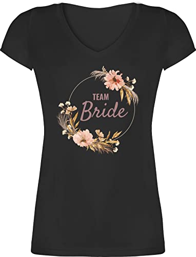 T-Shirt Damen V Ausschnitt - JGA Junggesellenabschied Frauen - Team Bride Boho Team Braut - XXL - Schwarz - t-Shirts junggesellinnenabschied jungesellenenabschied Crew t Shirt Blumenkranz von Shirtracer