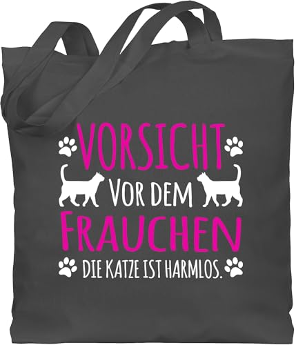 Shirtracer Baumwolltasche - Frauen Geschenk Damen - Vorsicht vor dem Frauchen - Die Katze ist harmlos - Katzen - weiß - Unisize - Dunkelgrau - katzenmama tasche typisch frau katzenmutti beuteltasche von Shirtracer