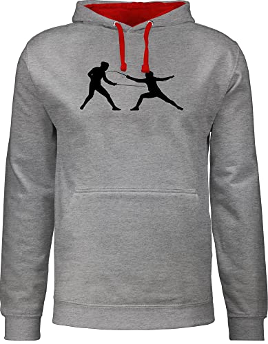 Shirtracer Pullover Herren Frauen Hoodie Kontrast zweifarbig - Fechten - S - Grau meliert/Rot - Damen Kampfsport fecht Kapuzensweatshirt Fechter Hoody Fencing Kapuzenpullover Hoodies Sport von Shirtracer