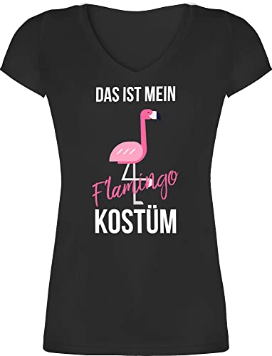 T-Shirt Damen V Ausschnitt - Karneval & Fasching - Das ist Mein Flamingo Kostüm - Flamingokostüm Rosa Lustige Pink Flamingos - M - Schwarz - Fastnacht t Shirt faschingsshirt karnevalsshirt von Shirtracer